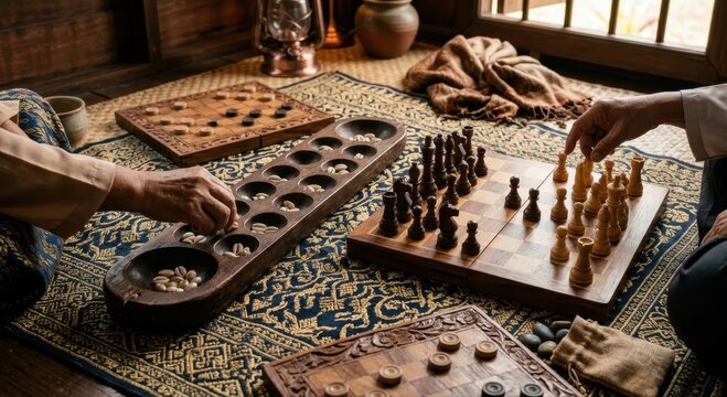 Assortment of Traditional Wooden Board Games Including Chess, Checkers, and Mancala on a Decorative Rug