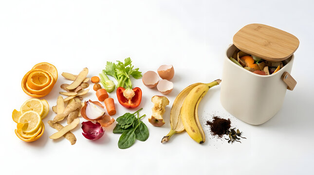 Organic waste for composting arranged next to a modern kitchen compost bin on white background.