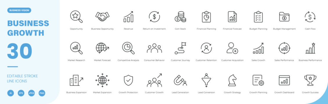 business growth icon line style strategy analytics finance opportunity revenue editable stroke vector set