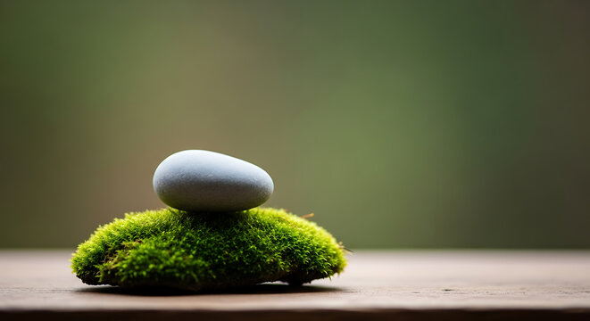 A smooth grey river stone resting on a patch of vibrant green moss against a soft blurred background