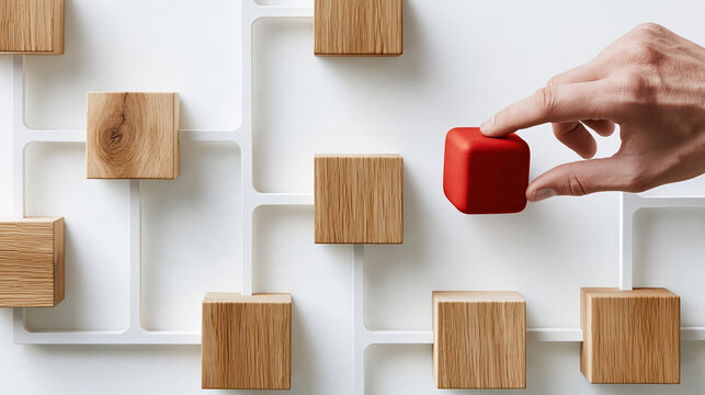 Wooden block red cube hand network bottleneck process white background business concept