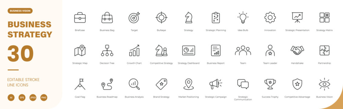 business strategy icon line style leadership planning management editable stroke vector set