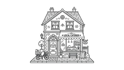 Fototapeta premium Charming Hand-Drawn Local Caterer Shop Exterior with Bicycle, Bench, and Signage - Vector Illustration