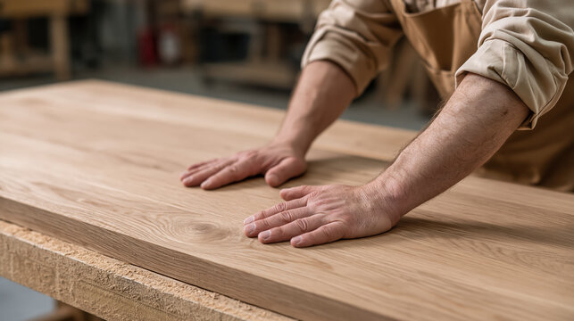Woodworker shaping natural timber board in workshop, carefully smoothing broad oak surface with both hands and focused craftsmanship