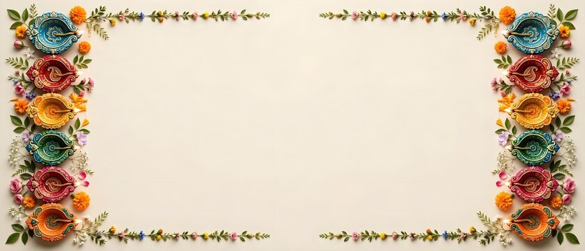 Diwali Festival Border Frame Banner with Colorful Painted Clay Diya Oil Lamps, Floral Garlands and Fresh Marigold Flowers Around Blank Copy Space on Off-White Background.