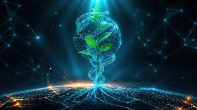 Glowing medical symbol with green plant growing from planet earth in digital universe