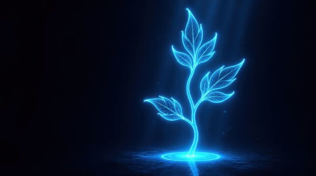 Glowing neon blue sprout plant glowing in the dark digital art