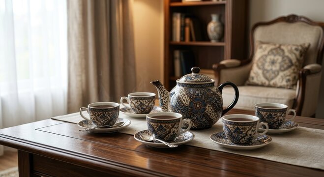 Exquisite Ceramic Batik Patterned Tea Set With Teapot And Cups On A Wooden Table
