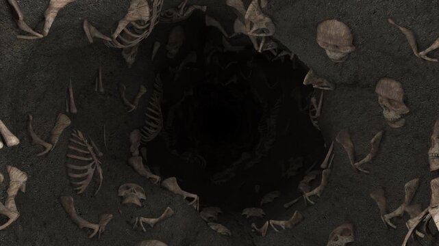 Human skeletons and skulls falling into a dark void pit