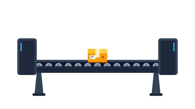 Automated conveyor belt moving cardboard parcels in warehouse animation