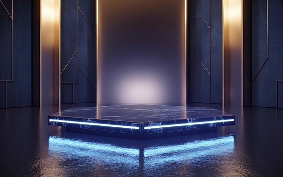 3D Futuristic Hexagon Marble Podium Neon Light Stage Product Display
