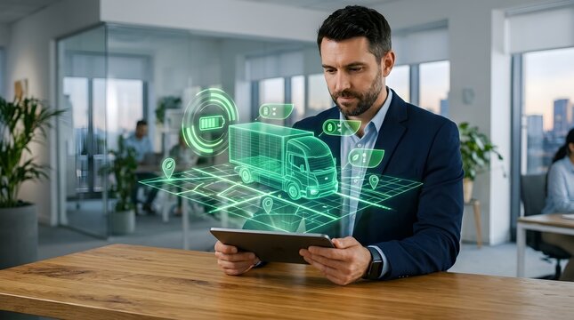 Man using tablet to view holographic 3d truck model for logistics management.