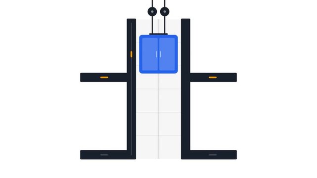 Elevator moving up inside building shaft in 2D animation
