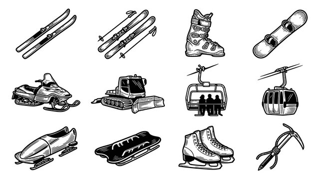 Winter Sports Gear Vector Icons - Skiing, Snowboarding, Bobsled, Ice Skating, Snowmobile
