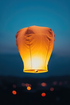 A glowing orange sky lantern floats gently against a deep blue twilight sky with blurred city lights below.
