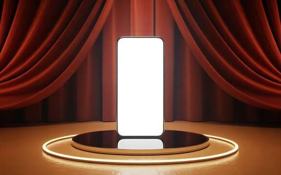 3D Blank Smartphone Screen Mockup Red Curtain Stage Podium Display