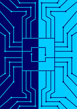 Circuit board pattern in dual blue tones featuring intricate electronic pathways and nodes in a symmetrical layout.