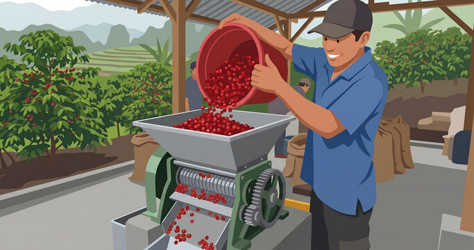Coffee Farmer Loading Coffee Cherries Into Pulper Machine &ndash; Flat Vector Illustration