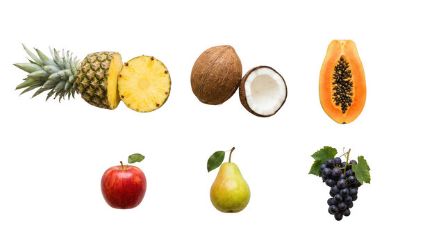 Fresh tropical and garden fruits including pineapple coconut papaya apple pear and grapes arranged on a flat surface