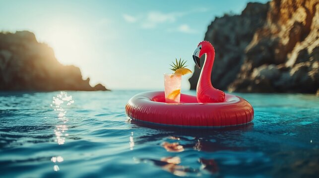 Pink flamingo floatie with cocktail in turquoise water, rocky cliff backdrop, sunset ambiance