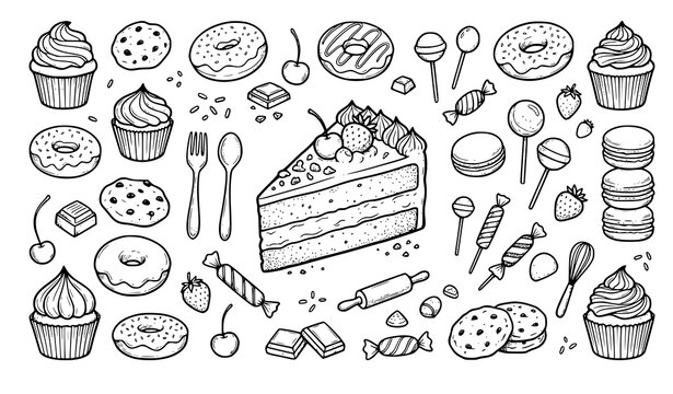 Set of Hand Drawn Cake and Sweets Sketch Style Bakery Dessert Illustration Collection with Cupcake Donut and Cookie Design