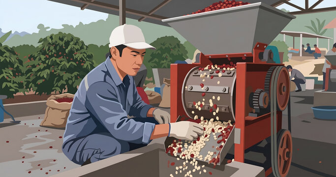 Coffee Farmer Operating a Coffee Pulper Machine &ndash; Flat Vector Illustration