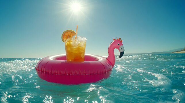 Pink flamingo floatie with iced tea in ocean waves, sunny day