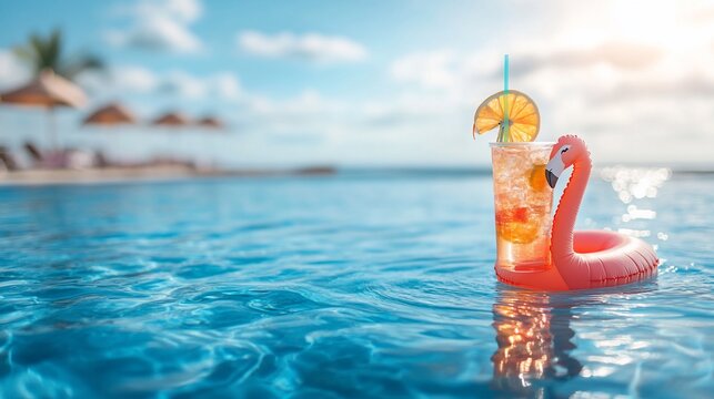 Pink flamingo pool float with drink, sunny beach resort background