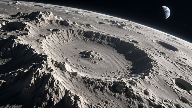 Panoramic Orbit View of Moon Surface Craters and Mountain Ridges with Planet Earth Rising in Deep Space

