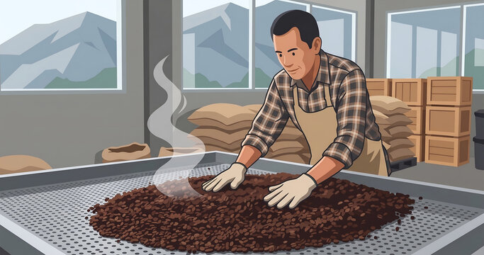 Coffee Farmer Checking Coffee Roast Level &ndash; Flat Vector Illustration