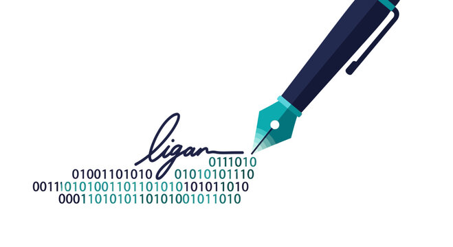 Digital Signature Concept Illustration with Fountain Pen Writing Binary Code - Electronic Signature, Cybersecurity, and Smart Contract Technology