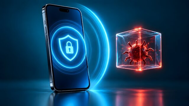 Modern smartphone displaying blue security shield protecting against red virus cell trapped in digital cube