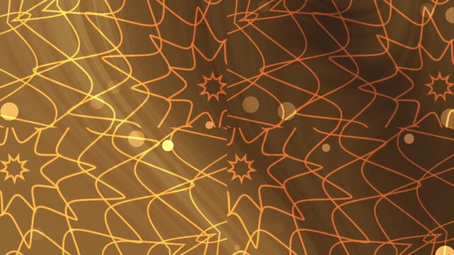 Gold abstract star shapes geometric mandala overlay pattern with light bokeh on a blurred brown background, suitable for festive designs and backgrounds.