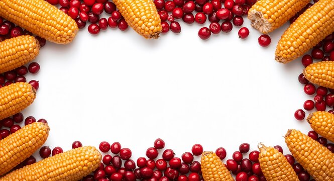 Corn and cranberries border frame with festive copy space for Thanksgiving concept as Bunches of corn and vibrant cranberries framing festive space for Thanksgiving