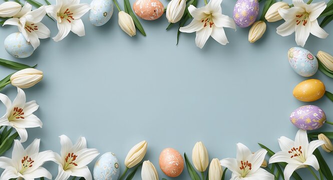 Easter eggs and lilies border frame with elegant copy space for Easter concept as Elegant Easter eggs and graceful lilies framing elegant space for Easter messages