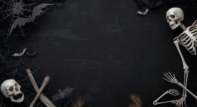 Skeletons and bats border frame with eerie copy space for Halloween concept as Detailed skeletons and flying bats framing eerie space for Halloween messages now