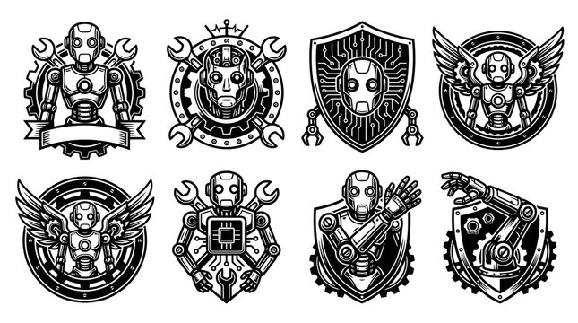Robot Emblems: Technology  Engineering Black and White Line Art Icons