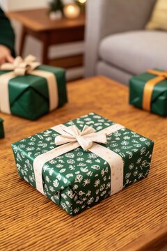 Green gift boxes with white patterns and cream ribbons are placed on a wooden table in a cozy living room setting.