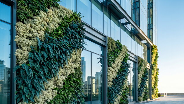 Living wall covering modern glass building in urban environment, promoting sustainable architecture and urban greening.