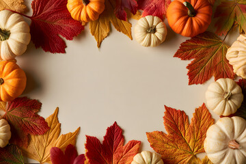 Fototapeta premium Autumn frame with pumpkins and colorful maple leaves on a neutral background