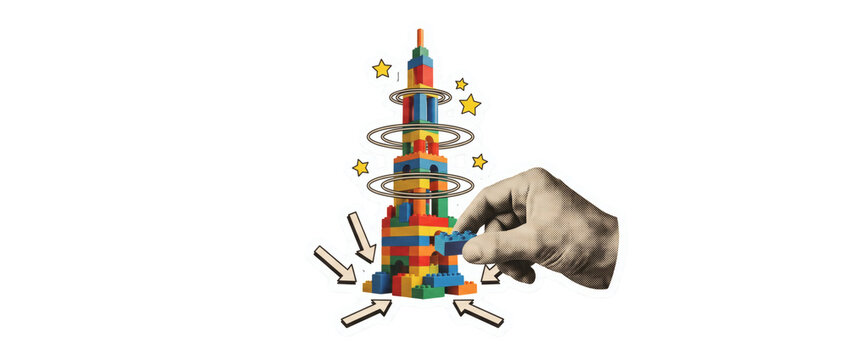 Jenga tower collapse risk sticker, hand removing block from precarious falling colorful wooden tumbling tower with arrows. Business financial instability systemic risk on transparent background.