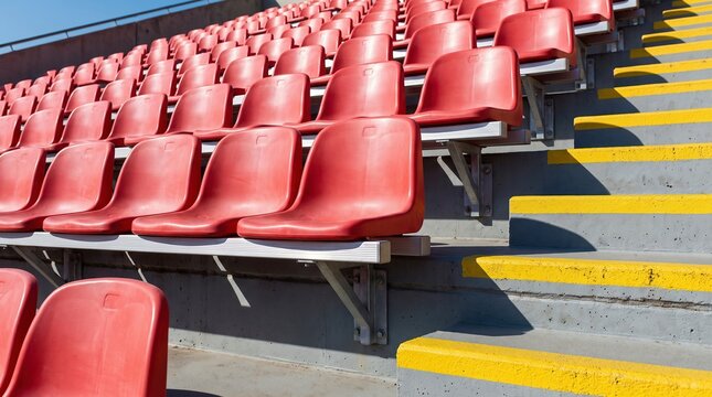 Stadium seats, rows of empty red plastic seating in outdoor sports arena grandstand, public event venue preparation.