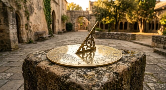Ornate Brass Sundial Measuring Time Outdoors in a Historic European Courtyard