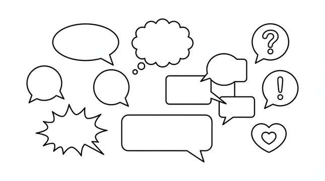 Collection of speech bubbles and thought clouds representing conversation and communication concepts for social interaction