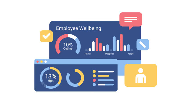 Modern Employee Wellbeing Dashboard Illustration with HR Data Analytics, Health and Happiness Charts, and Corporate Infographics