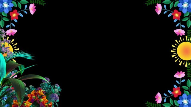 A vibrant floral border with colorful flowers and leaves surrounds a black background in this decorative video.
