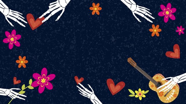 Dia de los Muertos background animation, horizontal video loop with skeleton hands playing guitar, hearts and Mexican folk flowers on dark backdrop. Festive animated video frame for holiday intro.