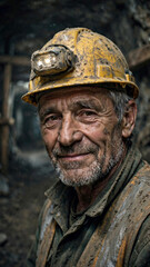 Fototapeta premium Portrait of Senior Male Miner with Dust on Helmet Smiling after Shift