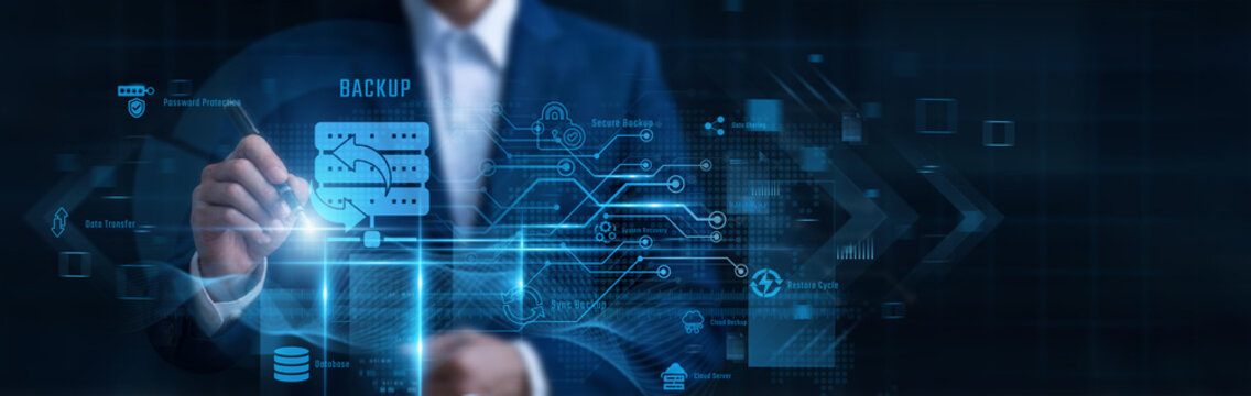 Businessman Pointing Backup, cloud data storage recovery and disaster recovery plan, secure server synchronization, information protection system, digital asset preservation, cyber risk mitigation
