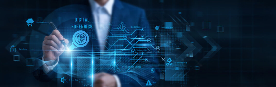 Businessman Pointing Digital Forensics, cyber crime investigation and electronic evidence collection, digital threat analysis, computer system auditing, network security investigation, data recovery